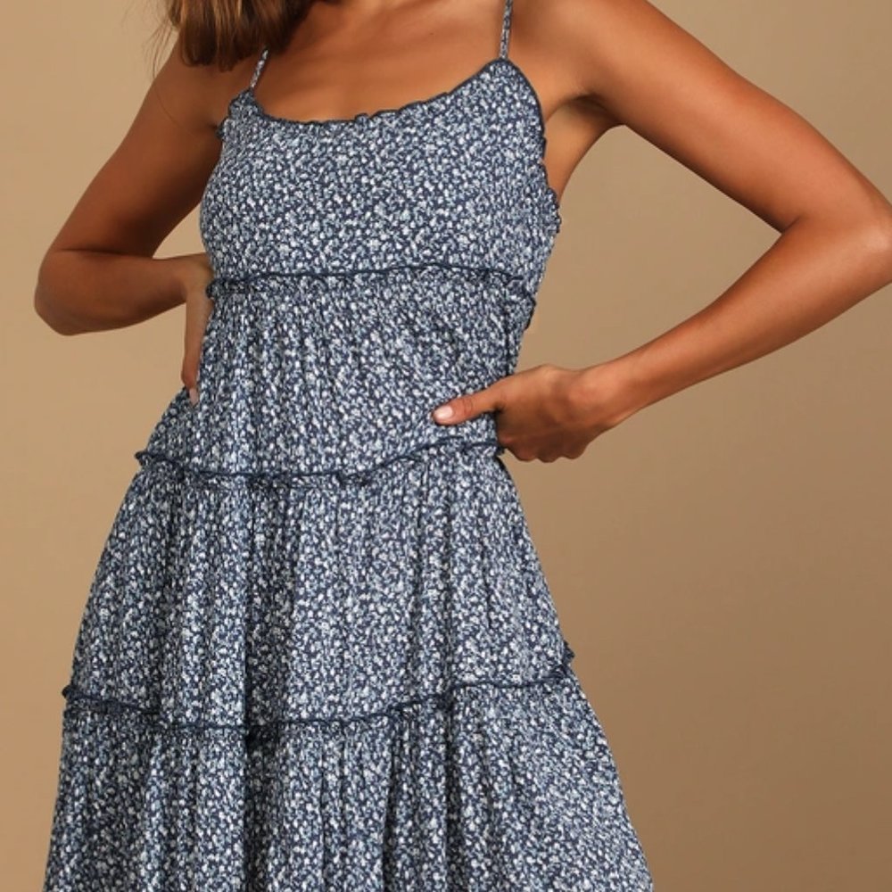 Lulu Blue Floral Print Ruffled Baby Doll Dress Size Small